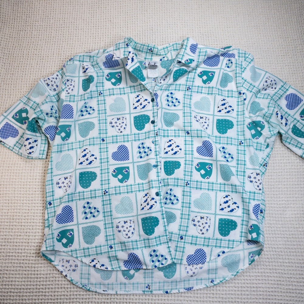 Vintage Tapestry Heart Plaid Patchwork Button Down Shirt Teal Blue XL 90s